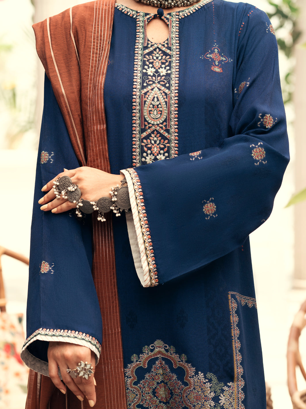 Navy Blue Jacquard 3Pc Stitched - AWP-3PS-558
