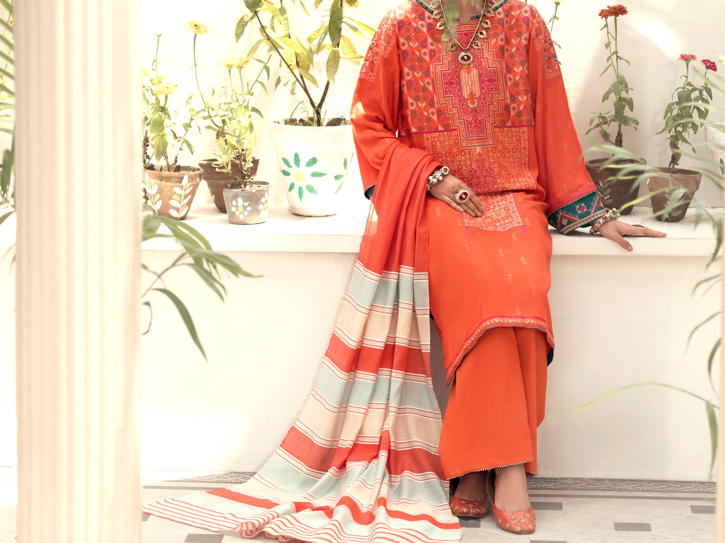 Orange Yarn-Dyed Jacquard 3 Piece Unstitched - AWP-3PS-559