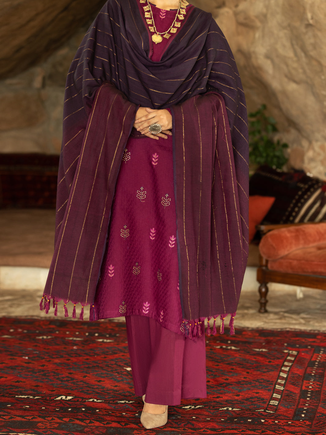 Purple Yarn-Dyed Jacquard 3Pc Unstitched - AWP-3PS-567
