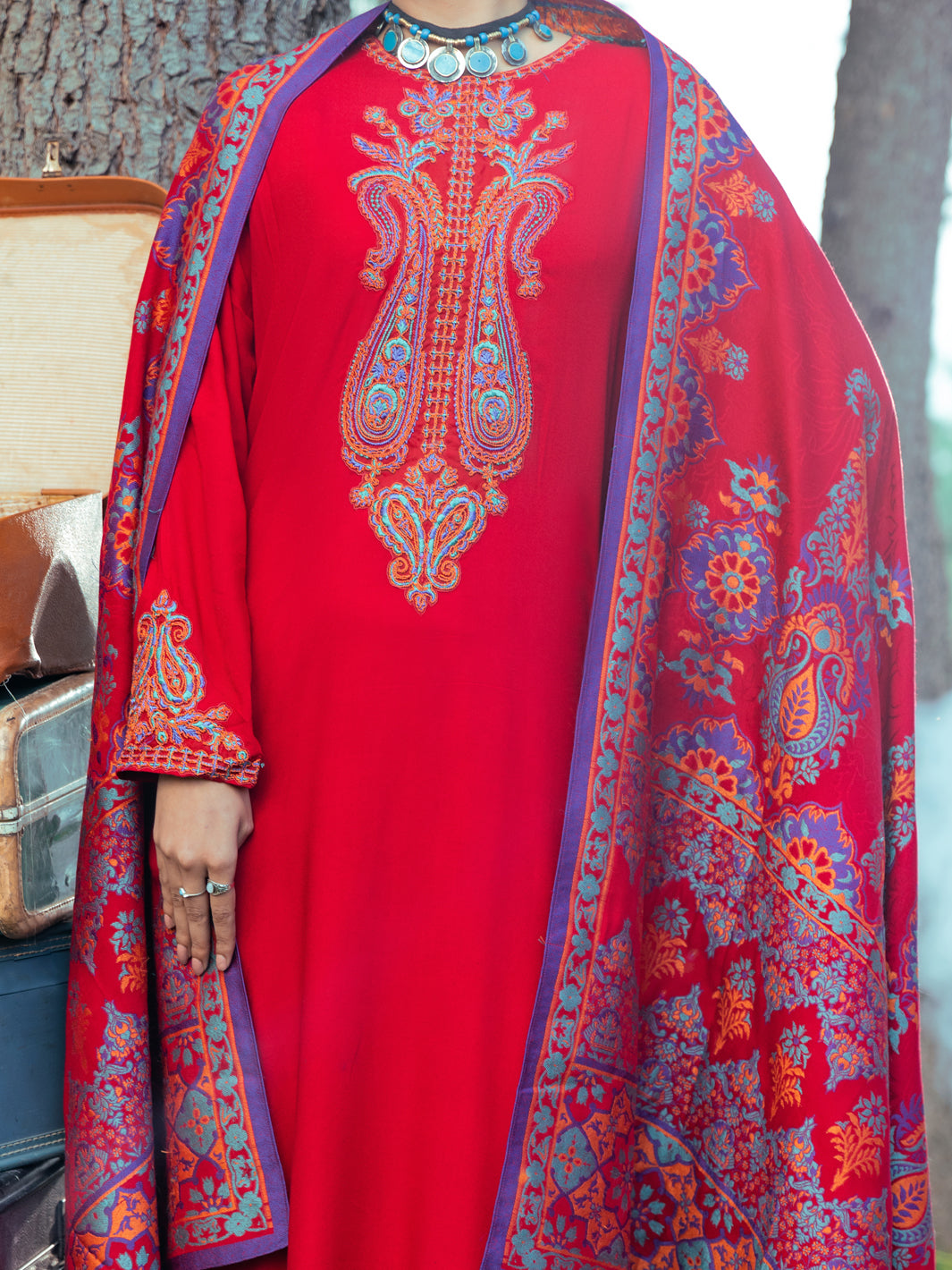 Red Viscose Dobby 3Pc Unstitched - AWP-3PS-535