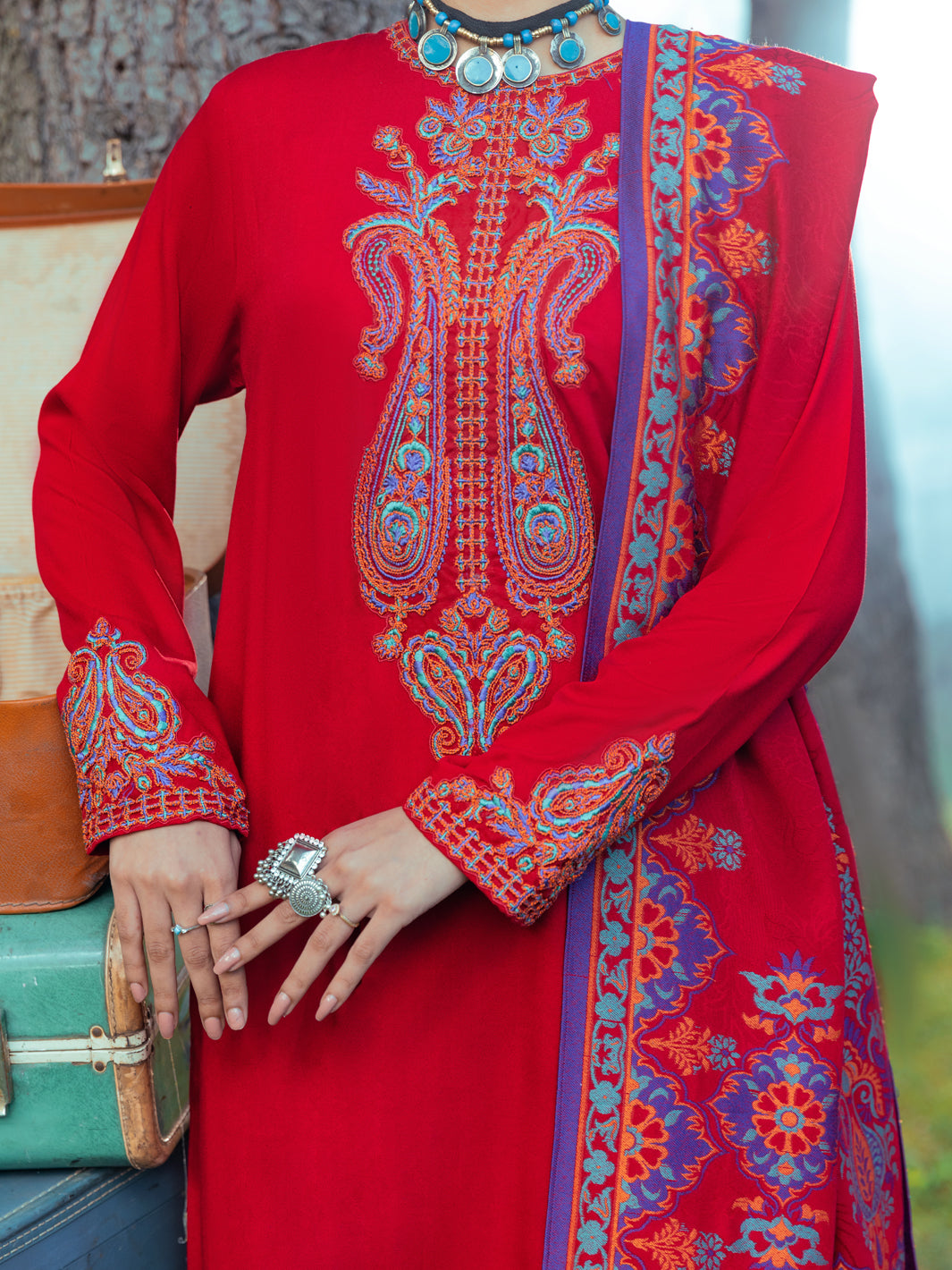 Red Viscose Dobby 3Pc Unstitched - AWP-3PS-535