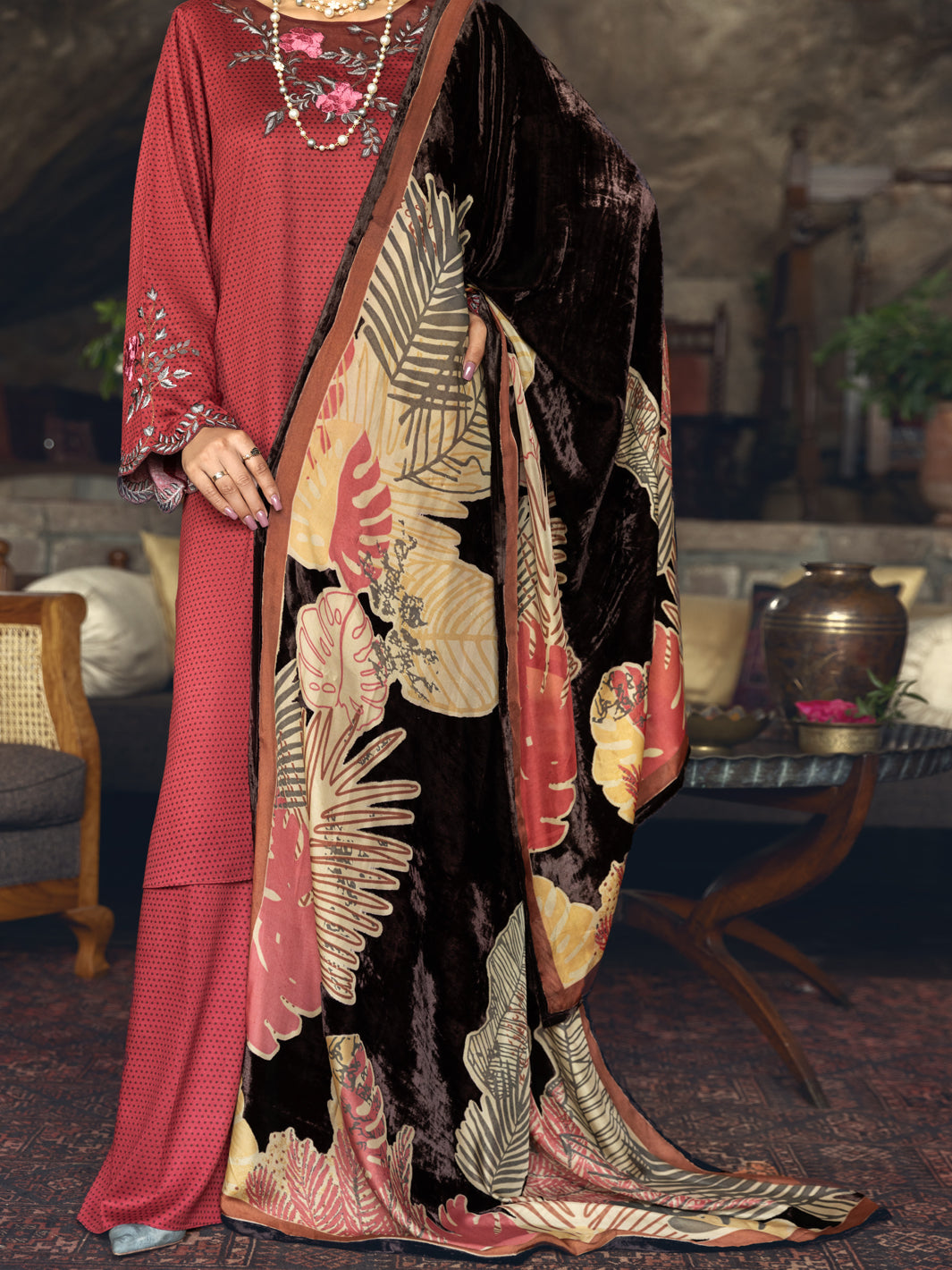 Maroon Viscose Twill 3Pc Unstitched - AWP-3PS-542