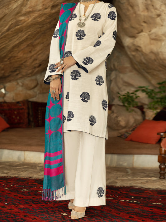 Off White Velvet Jacquard 3 Piece Stitched - AWP-3PS-569
