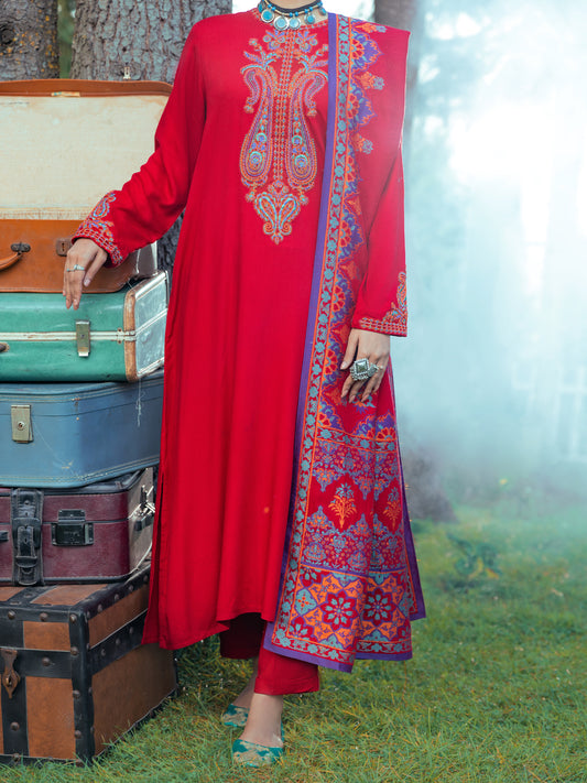 Red Viscose Dobby 3Pc Unstitched - AWP-3PS-535