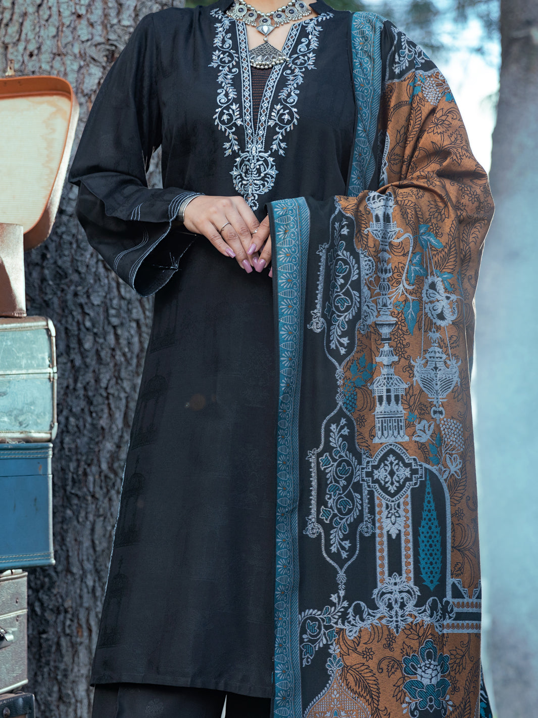 Black Yarn-Dyed Jacquard 3 Piece Unstitched - AWP-3PS-537