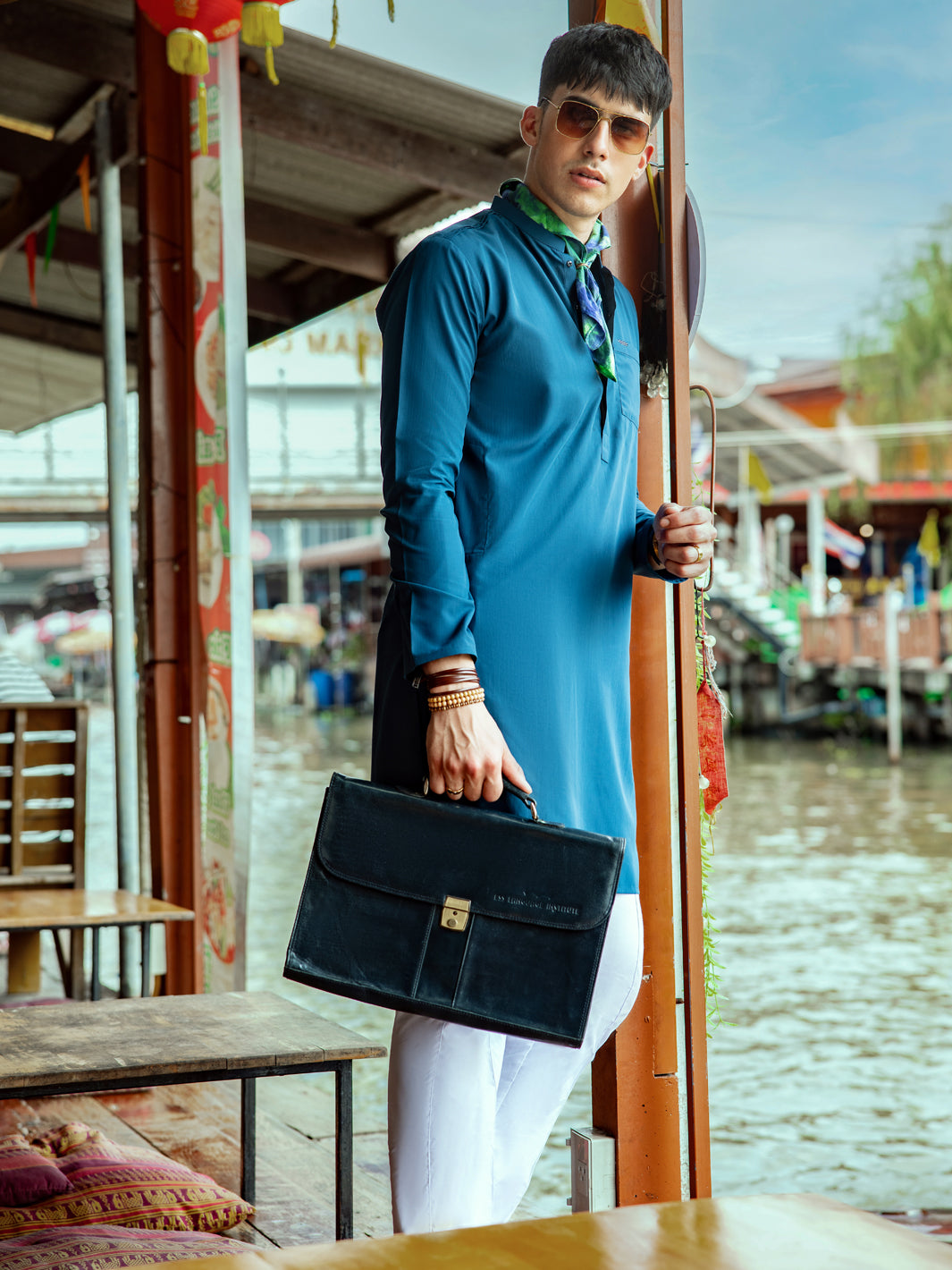 Teal Blue Blended Kurta - AL-K-1142 - Almirah Online