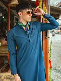 Teal Blue Blended Kurta - AL-K-1142