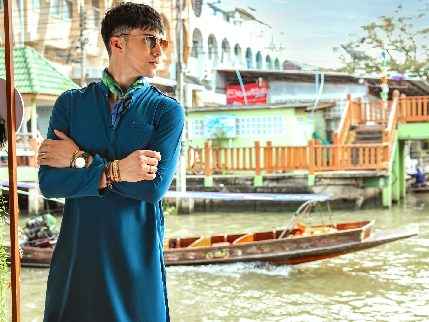 Teal Blue Blended Kurta - AL-K-1142 - Almirah Online