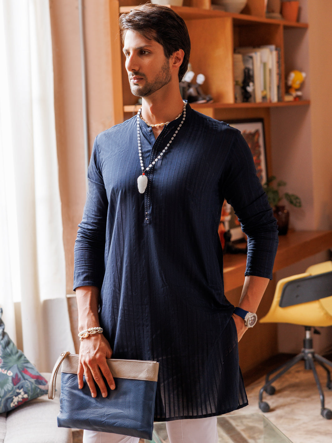 Midnight Blue Cotton Kurta - AL-K-1144B - Almirah Online