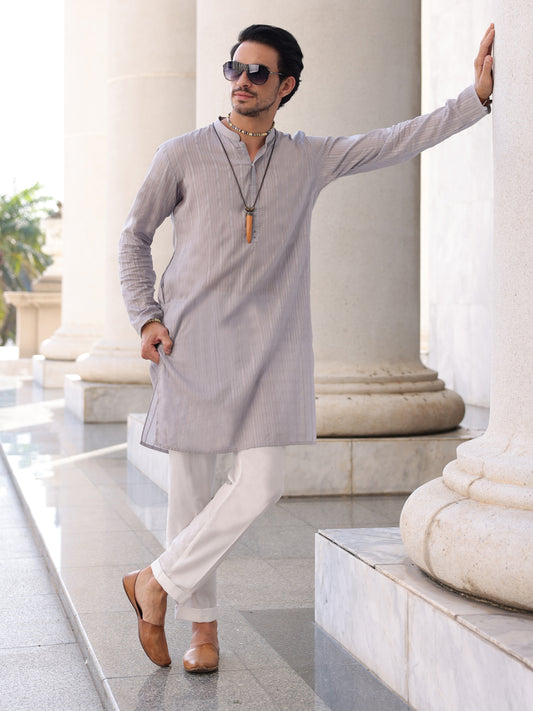 Light Grey Cotton Kurta - AL-K-1145A - Almirah Online