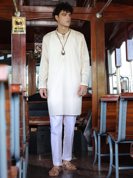 Off White Cotton Kurta - AL-K-1146B - Almirah Online