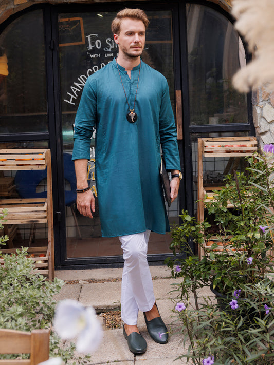 Teal Blue Cotton Kurta - AL-K-1146A - Almirah Online