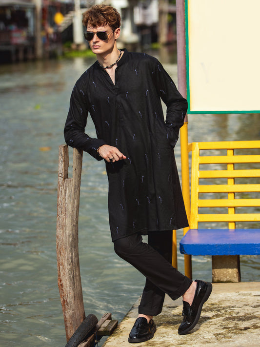 Black Cotton Kurta - AL-K-1147D - Almirah Online