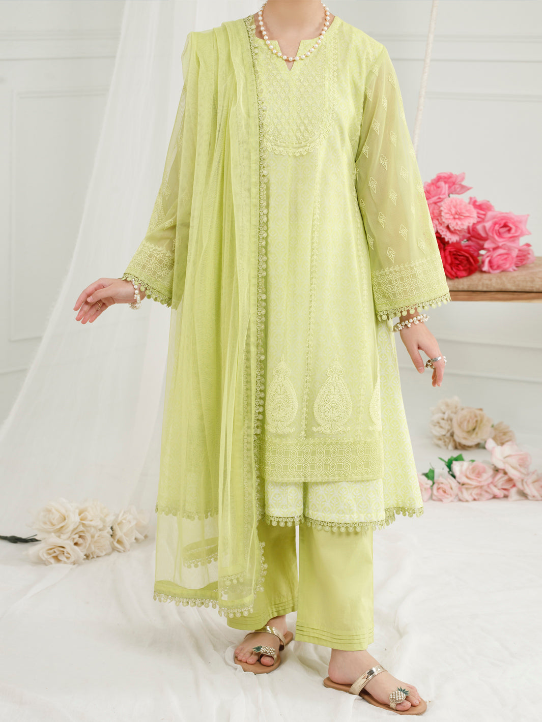 Lime Green Poly Net 3Pc Stitched - ALT-3PS-LS-1154 – Almirah