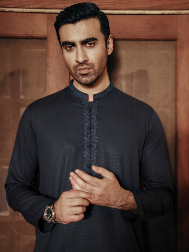 Navy Blue Blended Kurta - AL-K-1157B - Almirah Online