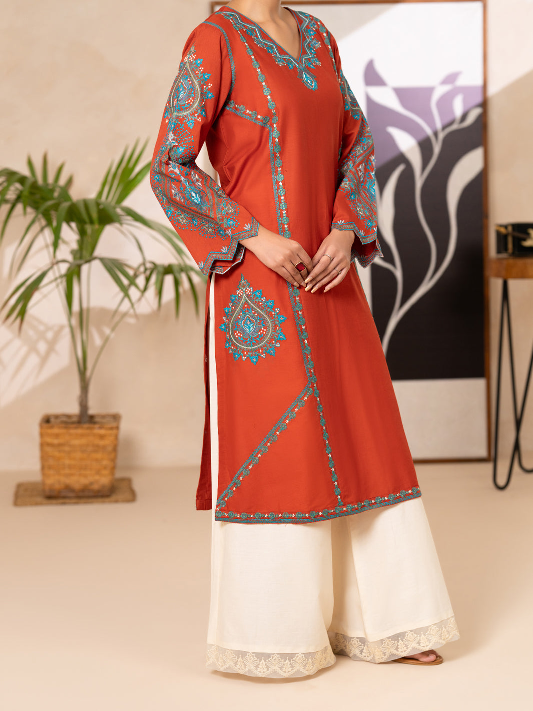Rust Cotton Lawn Kurti - AL-LK-1173