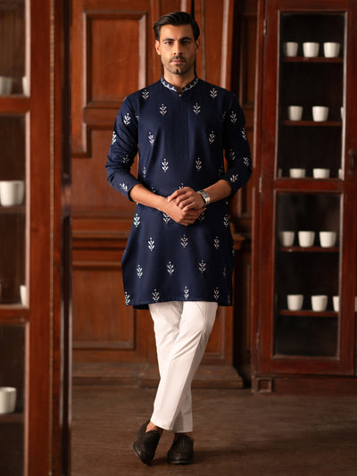 Navy Blue Blended Kurta - AL-K-1160B