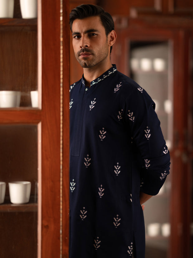 Navy Blue Blended Kurta - AL-K-1160B