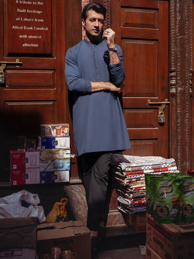 Navy Blue Blended Kurta - AL-K-1263