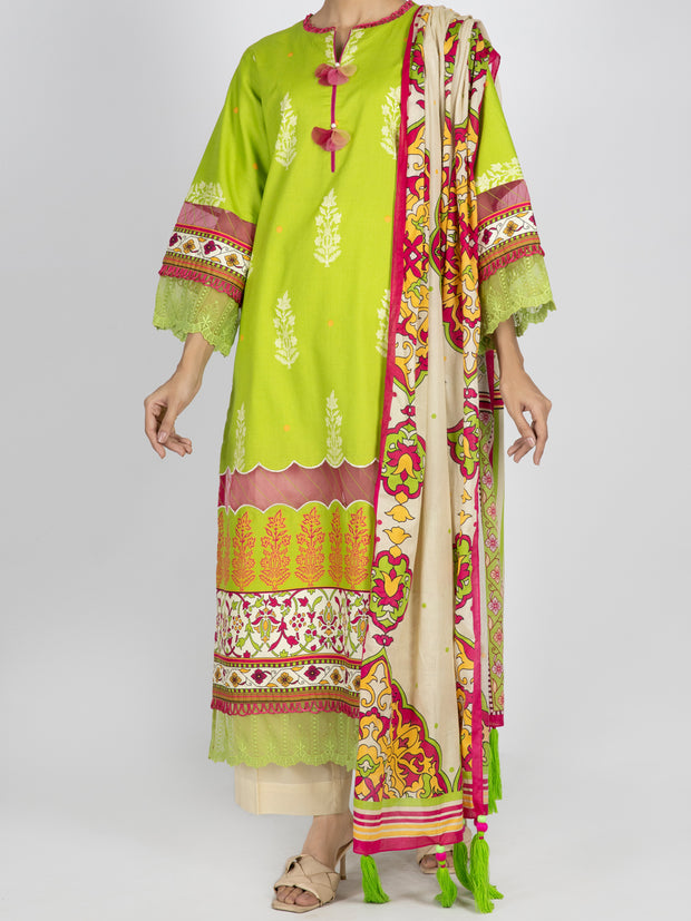 Lime Green Printed 3 Piece Unstitched - ALP-3PS-1483