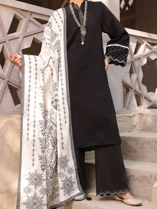 Black Lino Kara 3 Piece Stitched - ALP-3PS-1629