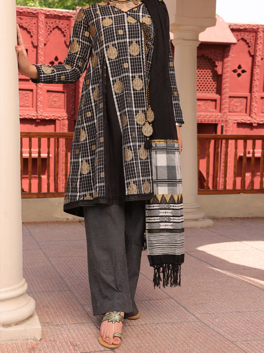 Black Yarn Dyed Jacquard 3 Piece Unstitched - ALP-3PS-1650