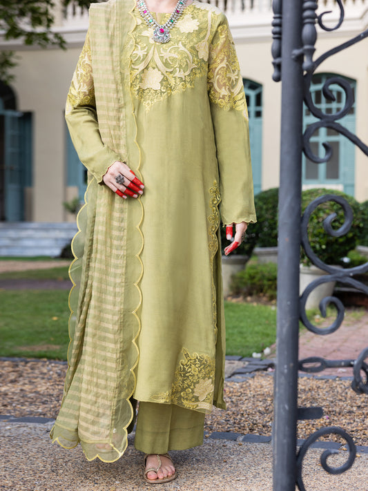Pistachio Green Maple Silk 3 Piece Stitched - ALP-3PS-1656 - Almirah Online