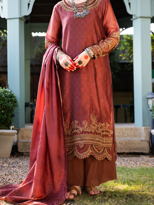Maroon Salsa Silk 3 Piece Stitched - ALP-3PS-1657 - Almirah Online
