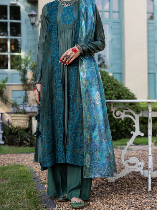 Mehndi Green Salsa Silk 3 Piece Unstitched - ALP-3PS-1659 - Almirah Online