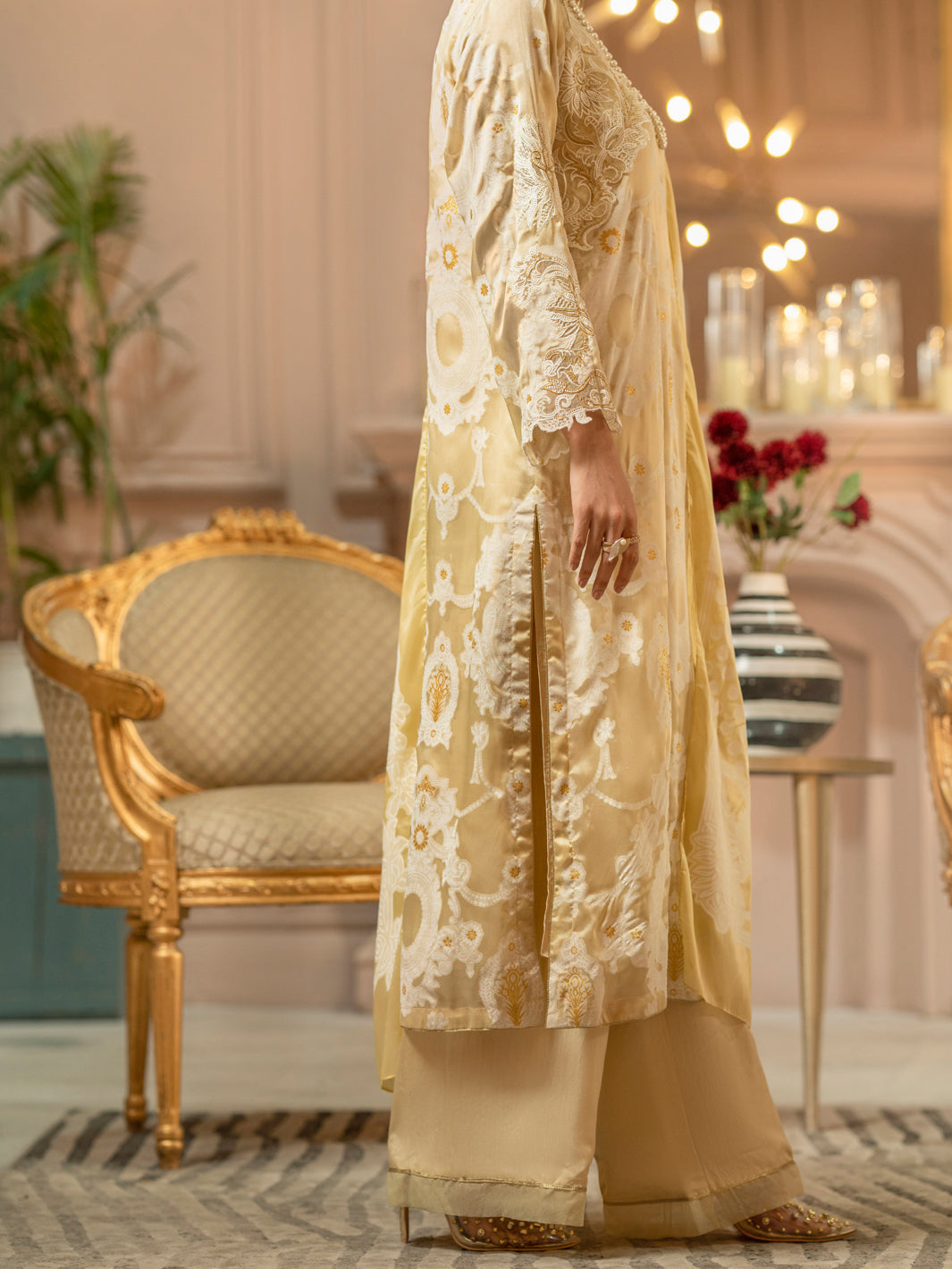 Cream Silk 3 Piece Stitched - ALP-3PS-1666  Almirah