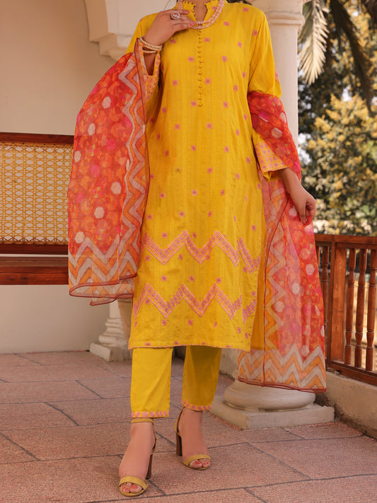 Yellow Dobby Lino Kara 3 Piece Stitched - ALP-3PS-1669
