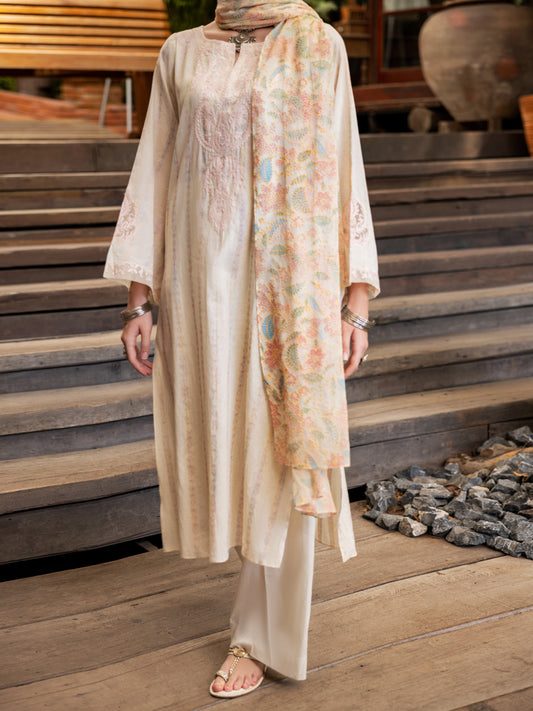 Off White Jacquard 3 Piece Stitched - ALP-3PS-1768 - Almirah Online