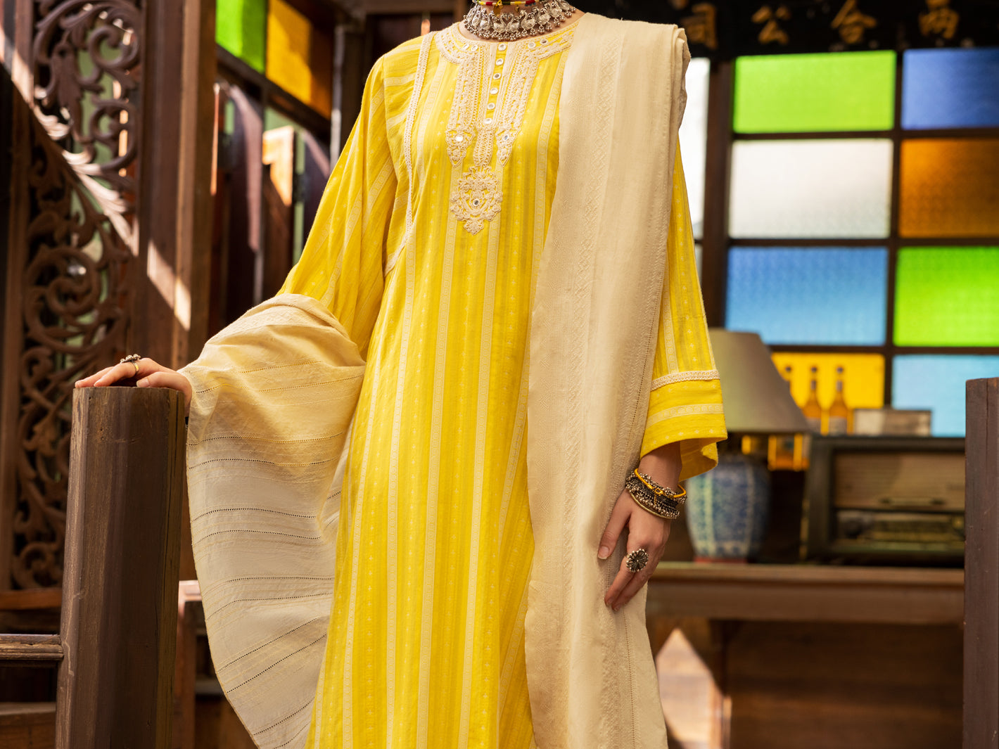 Yellow Yarn-Dyed 3 Piece Stitched - ALP-3PS-1778 - Almirah Online