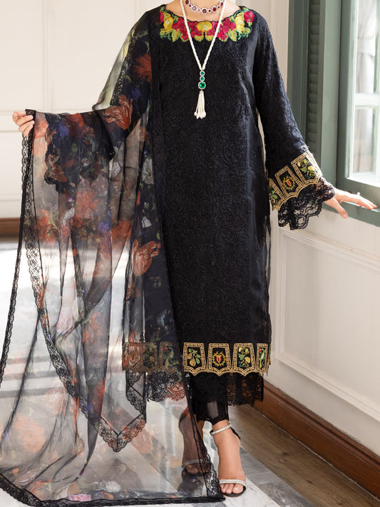 Black Poly-Organza 3 Piece Unstitched - ALP-3PS-1783 - Almirah Online