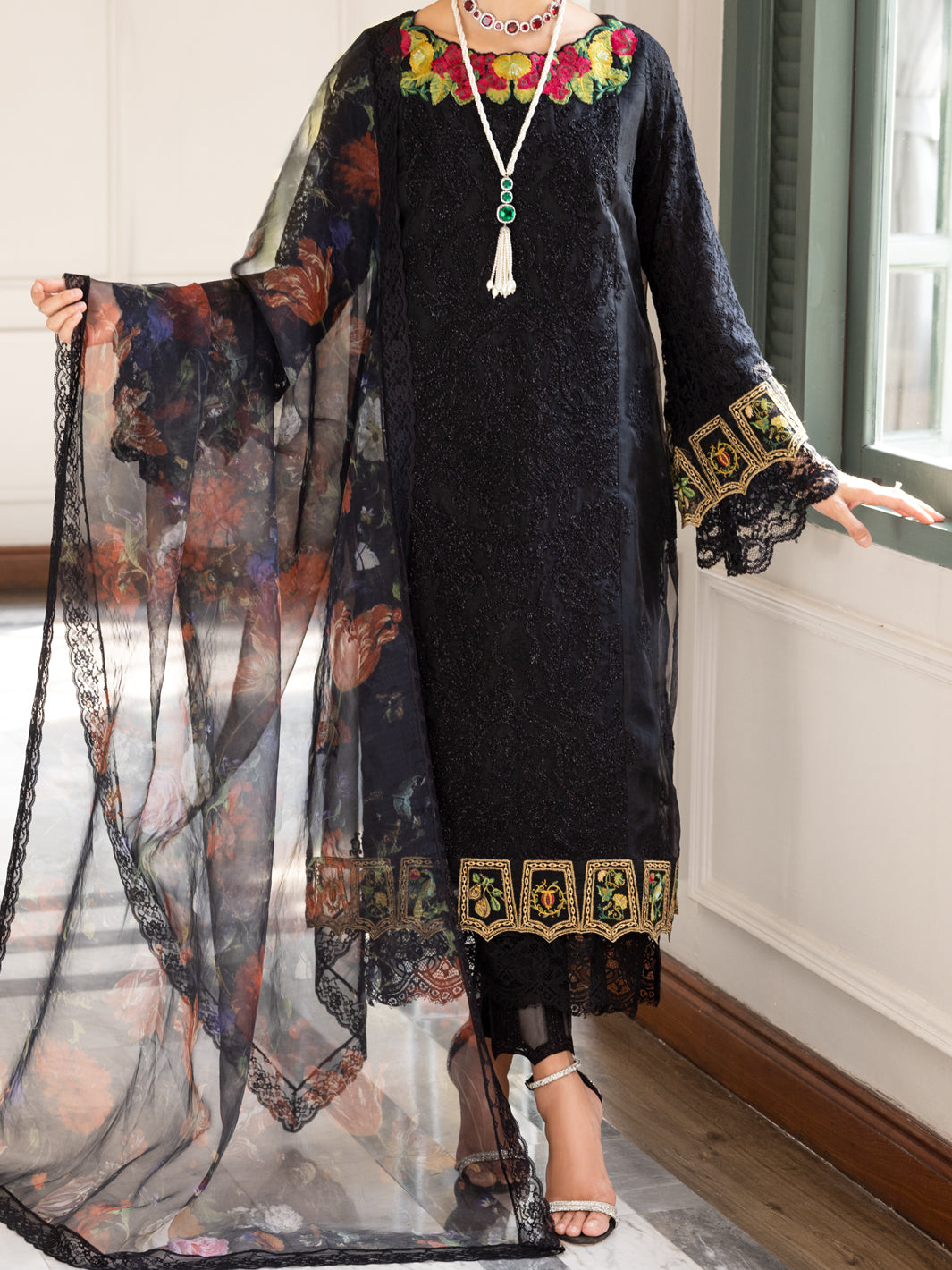 Black Poly-Organza 3 Piece Stitched - ALP-3PS-1783 - Almirah Online