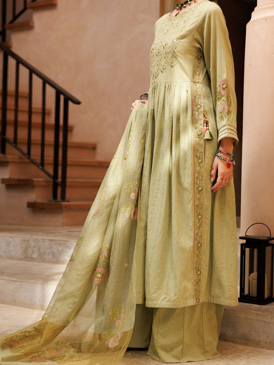 Light Green Stripe Cotton Jacquard 3 Piece Stitched - ALP-3PS-1803 - Almirah Online