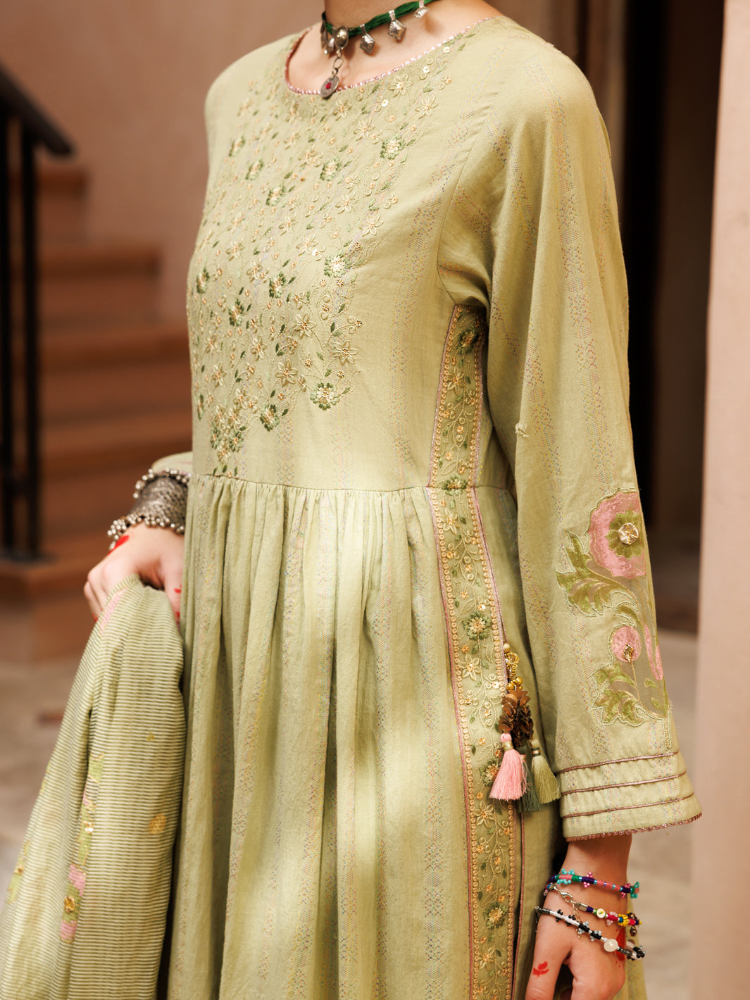 Light Green Stripe Cotton Jacquard 3 Piece Stitched - ALP-3PS-1803 - Almirah Online