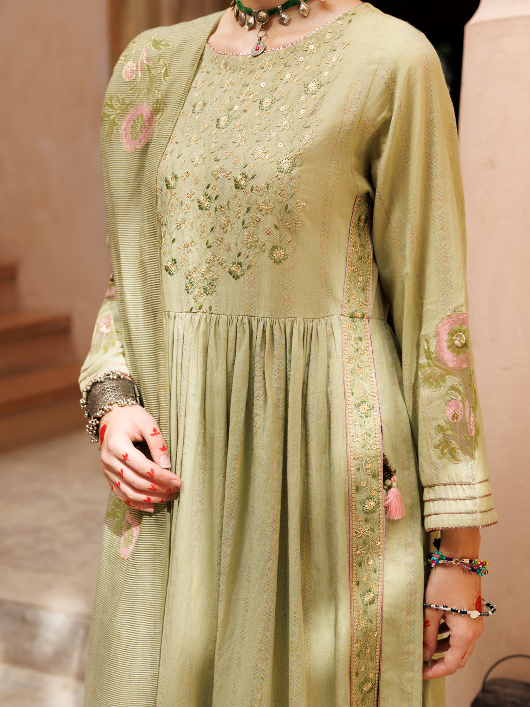 Light Green Stripe Cotton Jacquard 3 Piece Stitched - ALP-3PS-1803 - Almirah Online