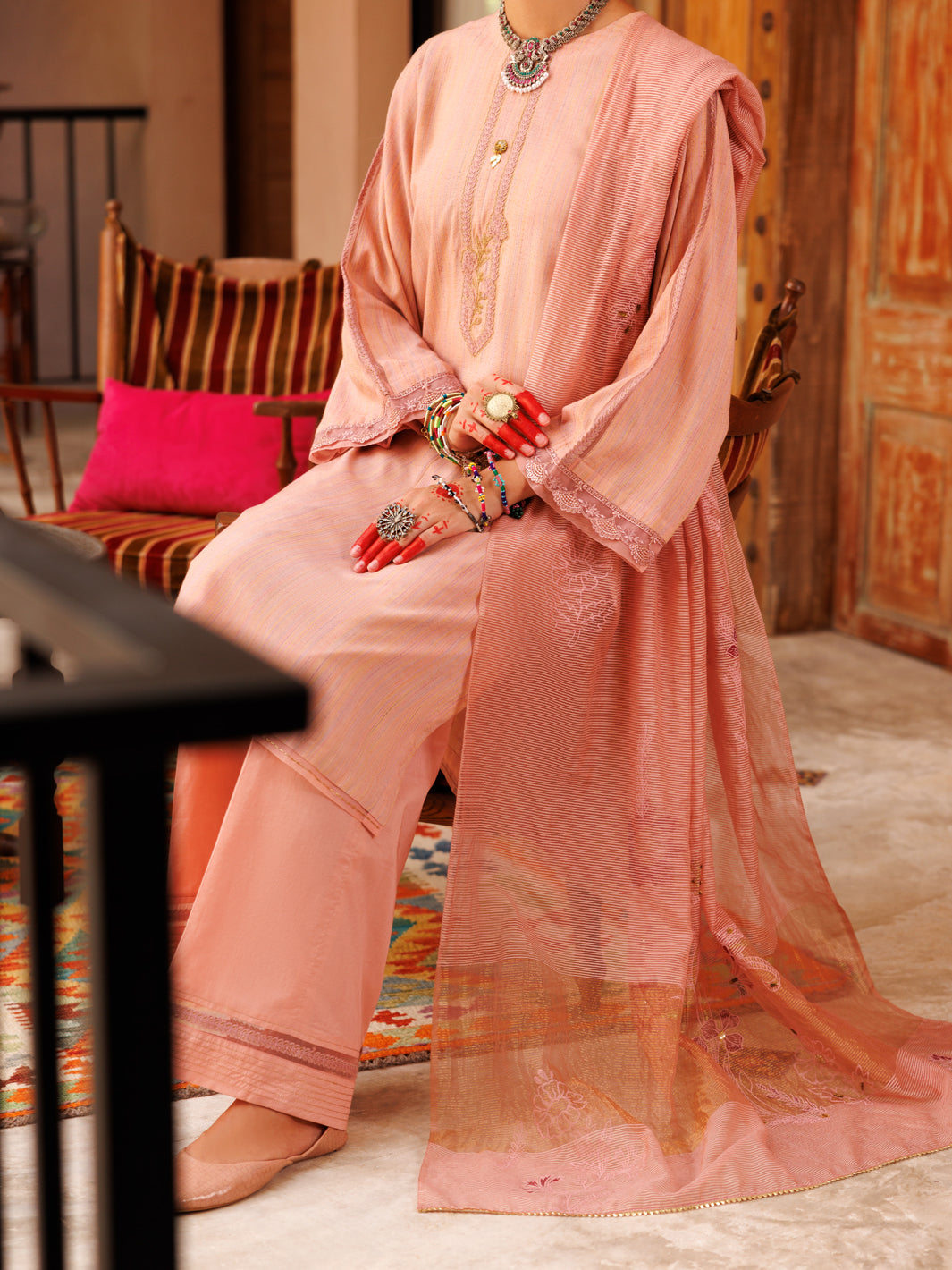 Peach Cotton Stripe 3 Piece Unstitched - ALP-3PS-1805 - Almirah Online