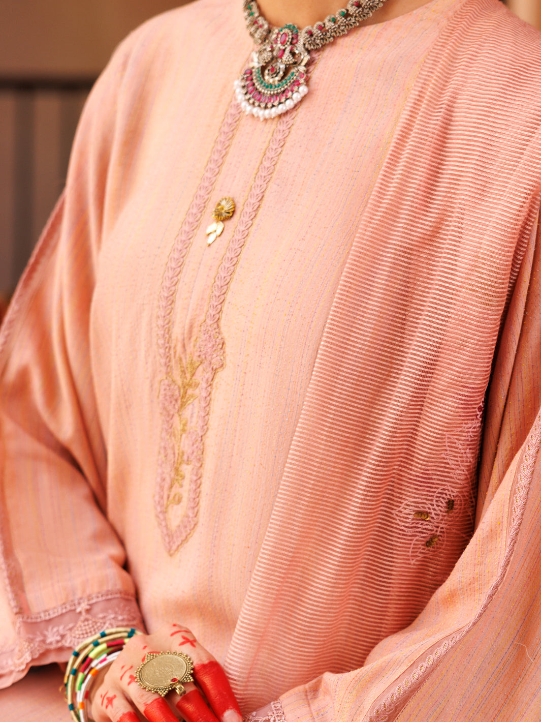Peach Cotton Stripe 3 Piece Unstitched - ALP-3PS-1805 - Almirah Online