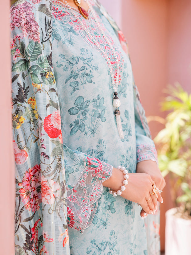 Aqua Blue Maple Silk 3 Piece Unstitched - ALP-3PS-1914 - Almirah Online