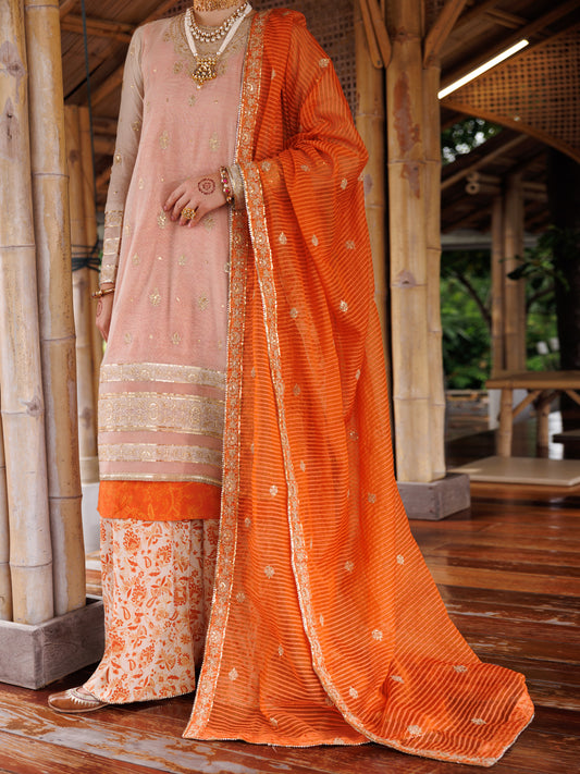 Mustard Cotton Khaddi Net 3Pc Stitched - ALP-3PS-2028