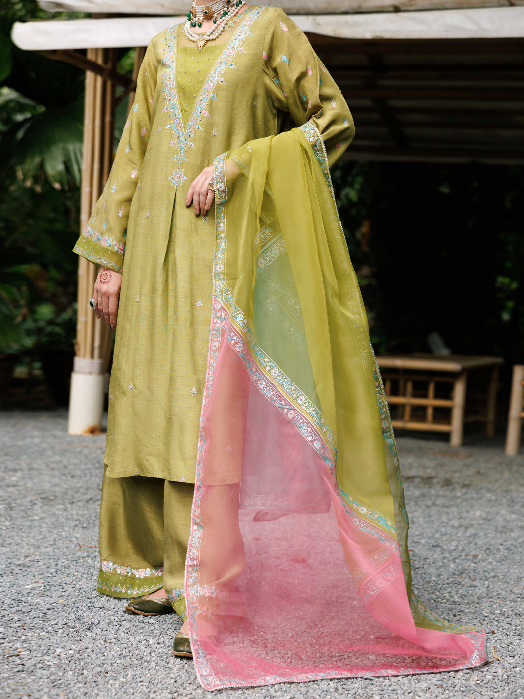 Lime Green Maple Silk 3 Piece Stitched - ALP-3PS-2034 Front Main