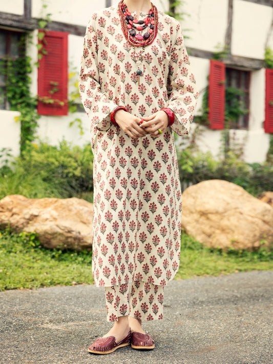 Cream Lawn Co-ord Set - ALP-2PS-SLKS-2073