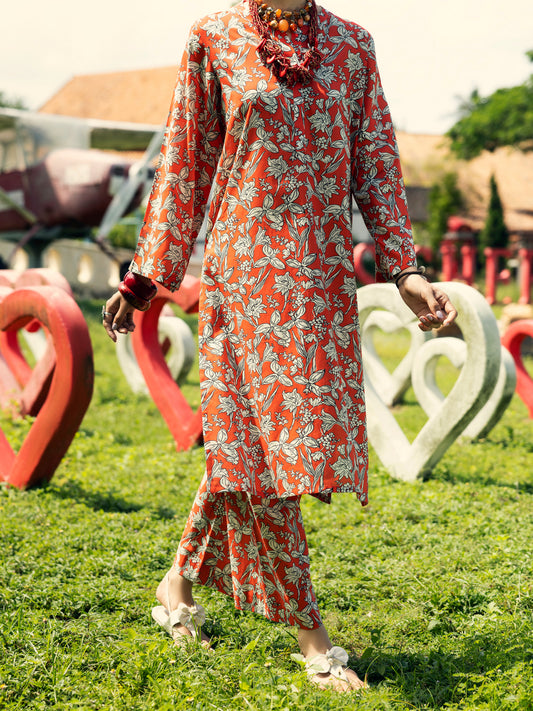 Orange Lawn Co-ord Set - ALP-2PS-SLKS-2080