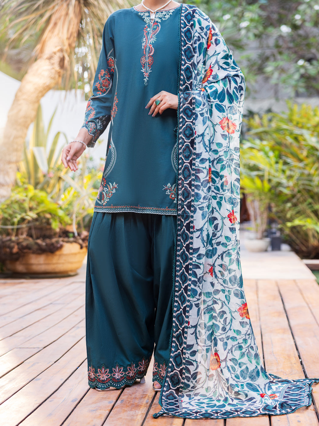 Dark Green Cotton Stitched 3PC  - Women Stitched 3 Piece | ALMIRAH