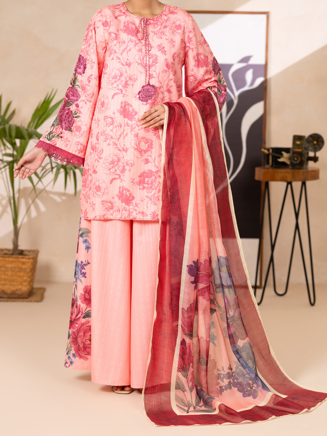 Pink Swiss Jacquard 3Pc Stitched  - Women Stitched 3 Piece | ALMIRAH