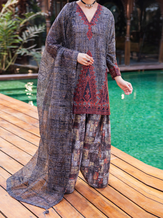 Black Poly Lawn Stitched 3PC - ALP-SS-3PS-2648