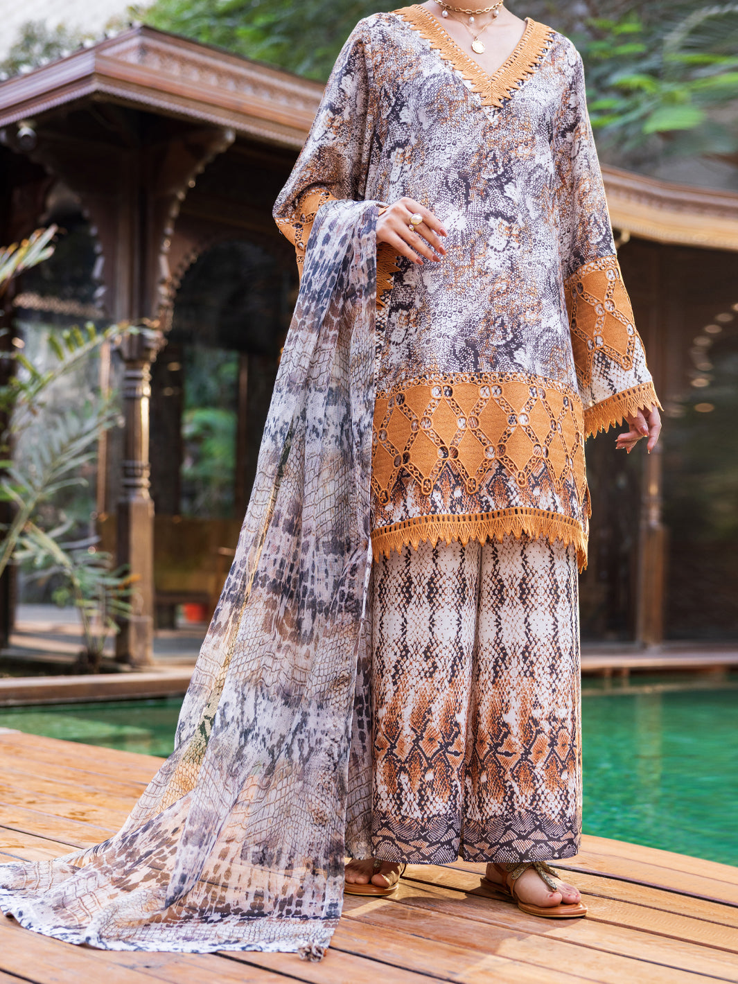Beige Silk Lawn Stitched 3PC  - Women Stitched 3 Piece | ALMIRAH