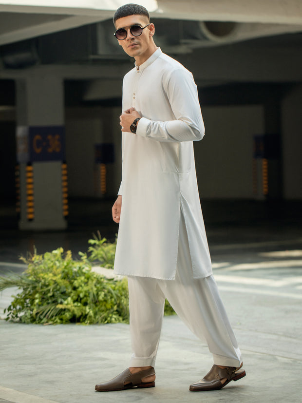 White Blended Kameez Shalwar - AL-KS-2912